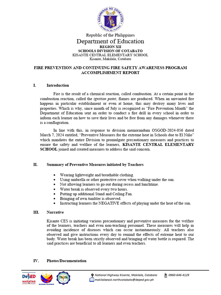 Kisante Central School Fire Safety Report | PDF | Fires | Combustion