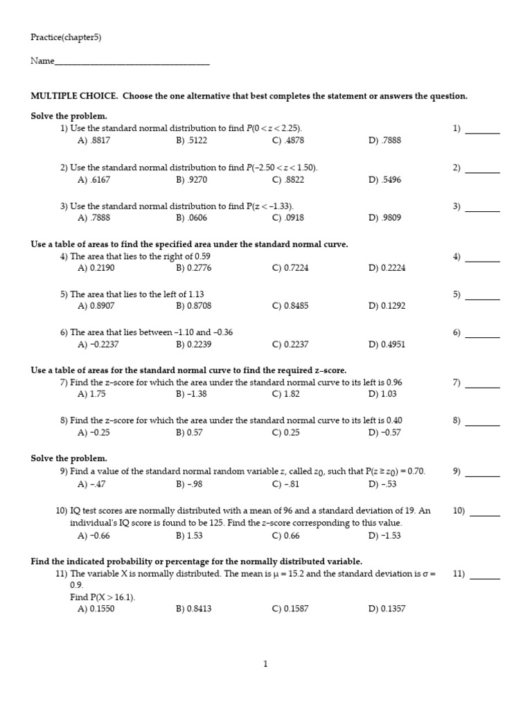 Standard Normal Distribution Practice | PDF | Normal Distribution ...