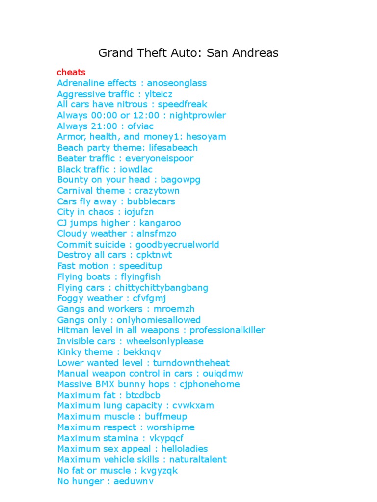 GTA San Andreas Cheat Codes Guide | PDF | Leisure