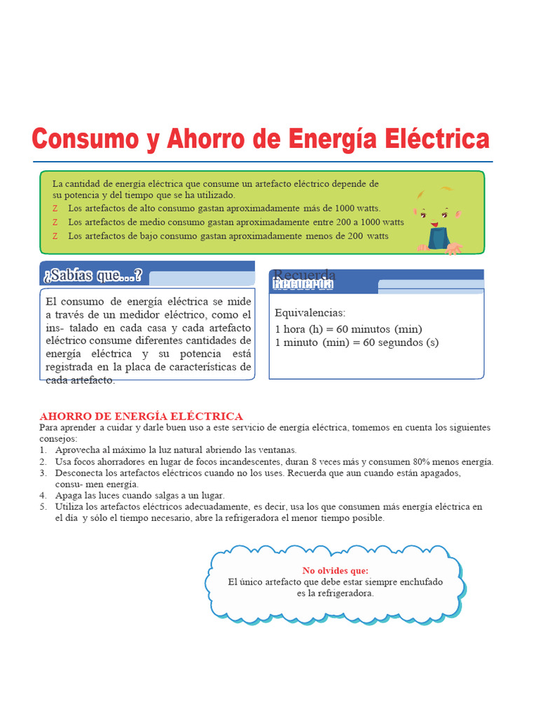 Consumo y Ahorro de Energía Eléctrica para Cuarto de Primaria | PDF ...
