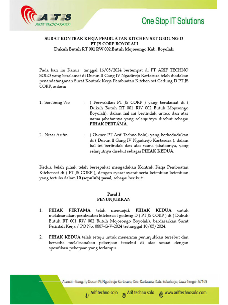 Kontrak Pembuatan Kitchen Set PT JS Corp | PDF | Pengelolaan Keuangan ...