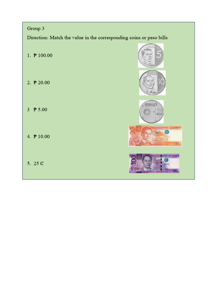 Coin and Peso Bill Value Matching | PDF