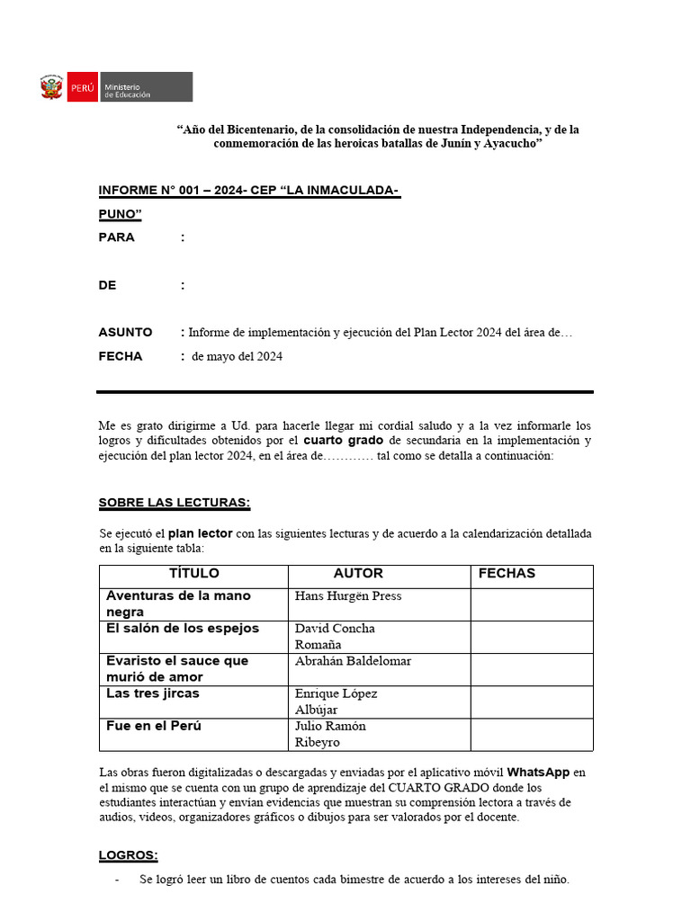 Informe De Implementacion Y Ejecucion Del Plan Lector 2021 Pdf