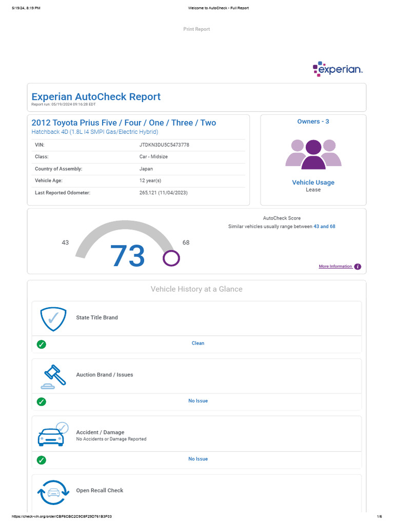 2012 Toyota Prius AutoCheck Report | PDF | Department Of Motor Vehicles ...