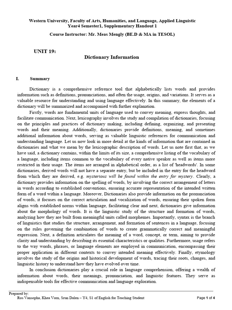 Unit 19 Handout - Dictionary Information - Answer | PDF | Word ...
