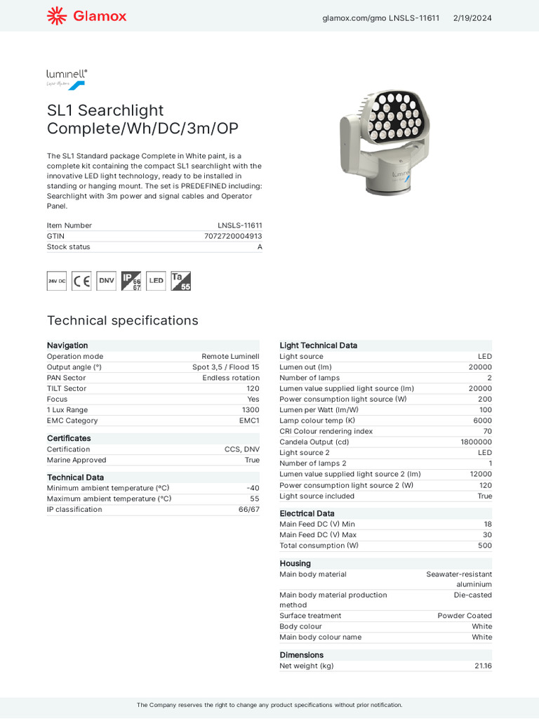 SL1 Searchlight Complete - WH - DC - 3m - OP | PDF | Electrical ...