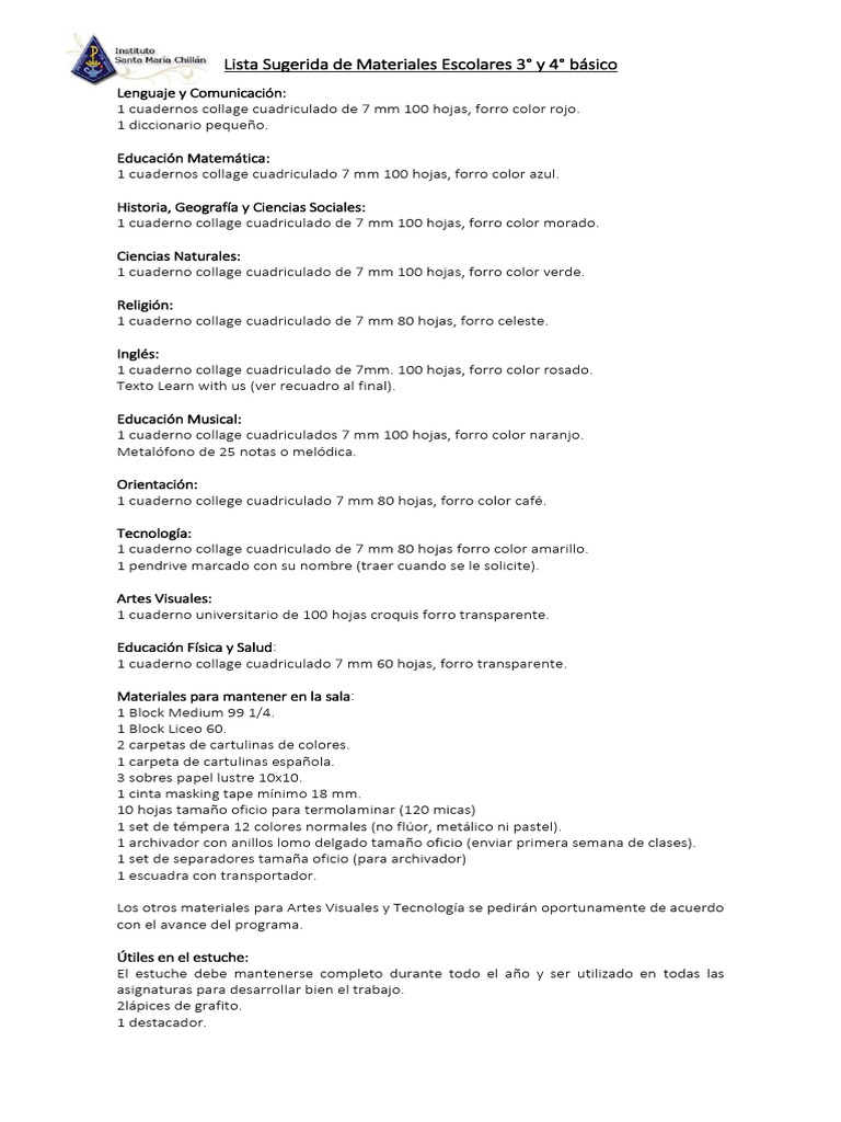 Lista Materiales 3 y 4 Basico 2024 | PDF | Cuaderno | Color