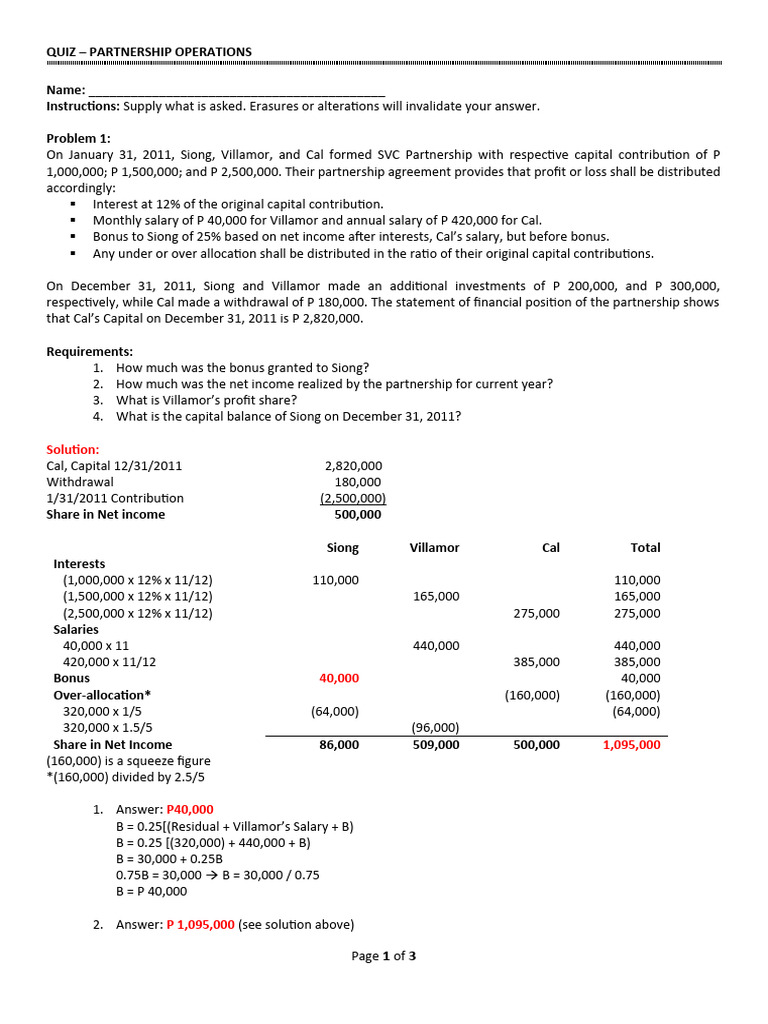QUIZ PARTNERSHIP OPERATIONS With Solution | PDF | Partnership | Net Income