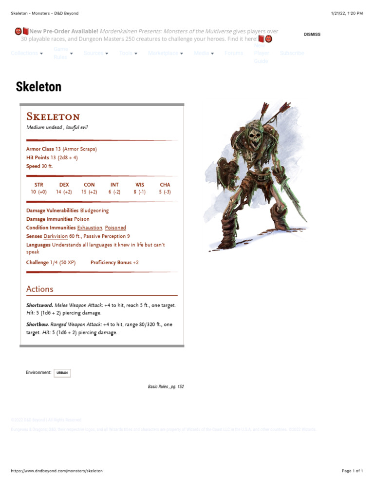 D&D 5E Skeleton Stat Block | PDF