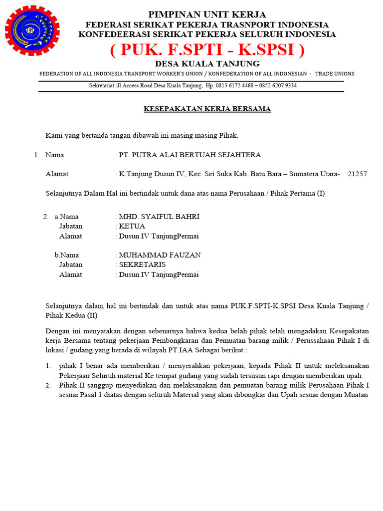 Kesepakatan Kerja Bersama PUK F.SPTI | PDF