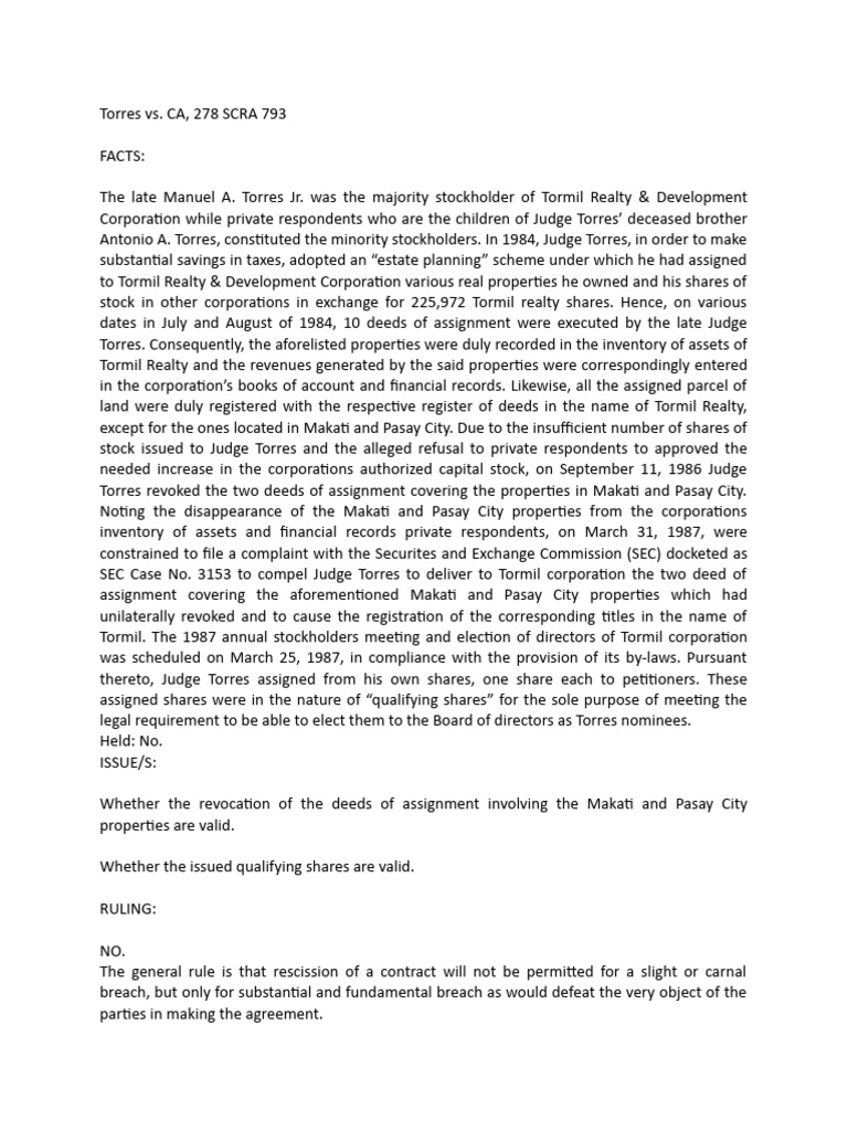 Torres vs. CA: Deeds of Assignment Ruling | PDF | Real Property ...