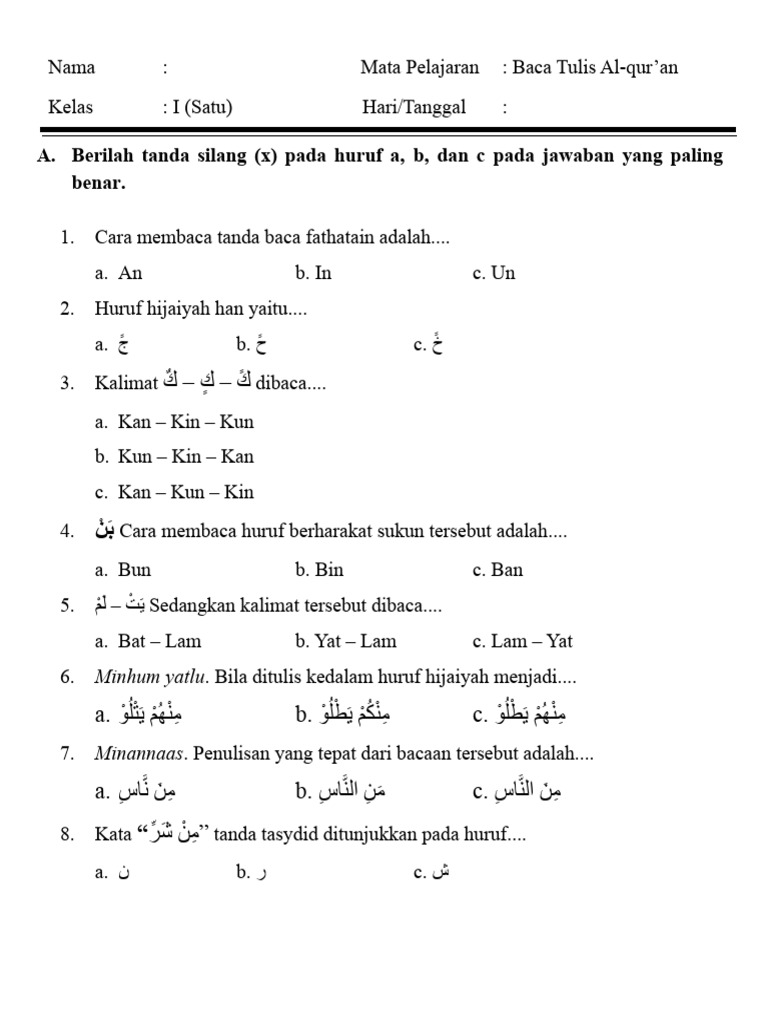 Latihan Soal Btq Kelas 1 Pdf