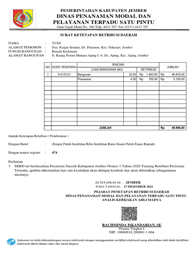 SKRD 474 PERORANGAN YUDI BARU 2022 Signed | PDF