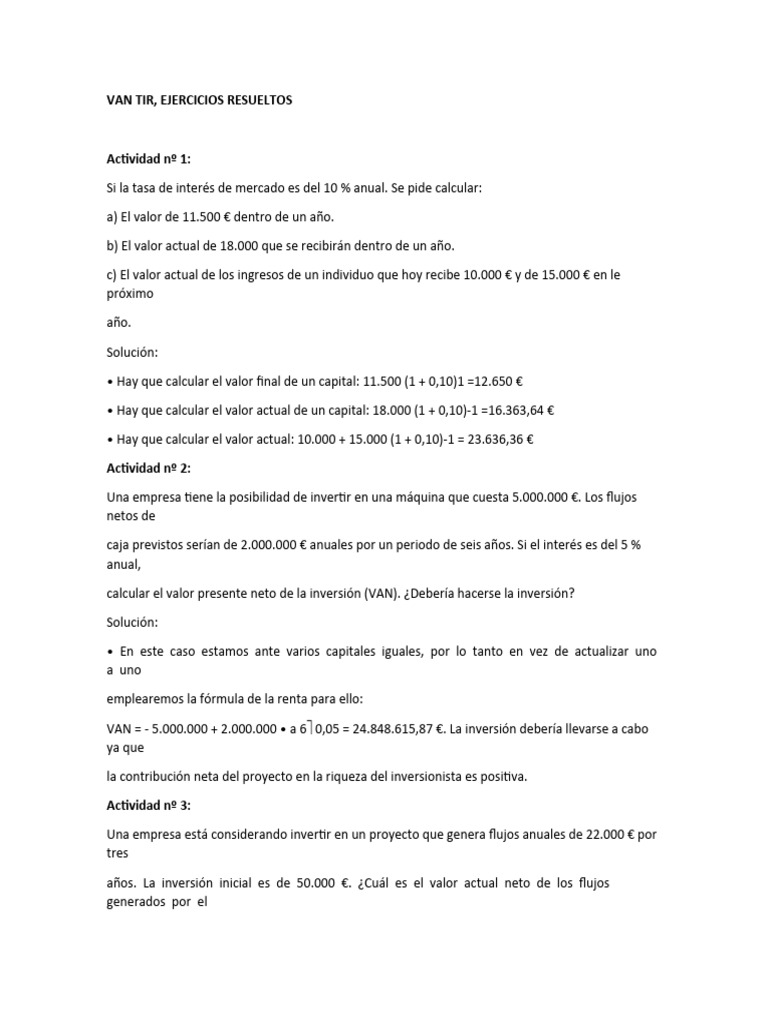 Ejercicios Resueltos de VAN y TIR | PDF | Valor presente neto ...