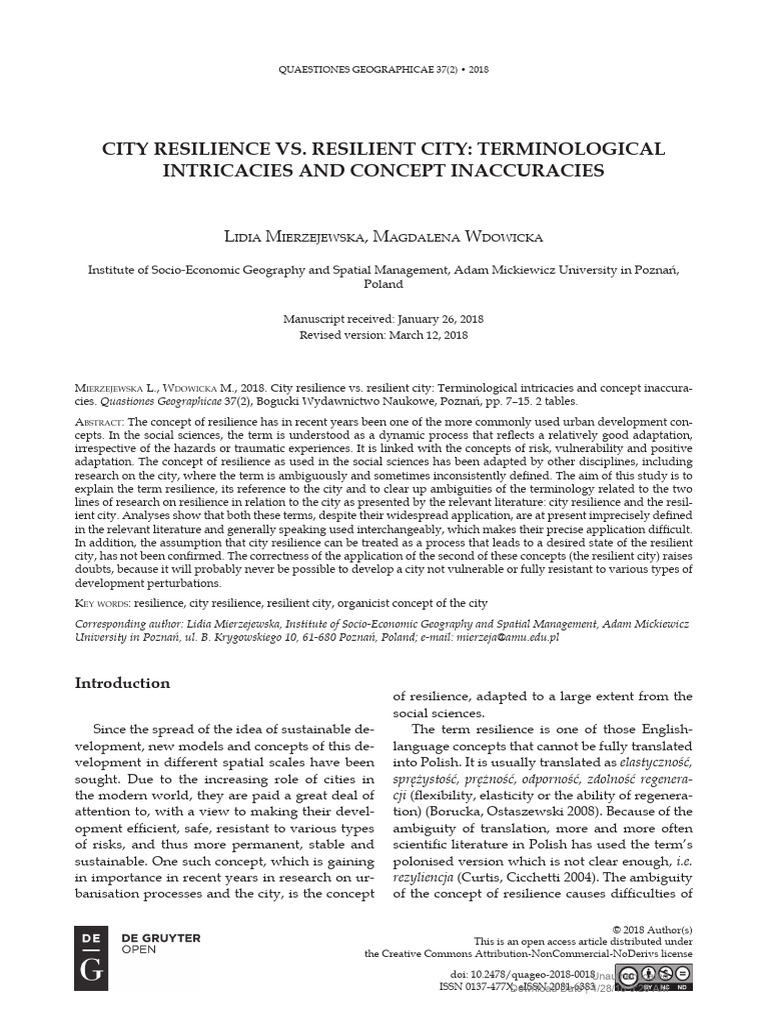 City Resilience Vs Resilient City Terminological I Pdf