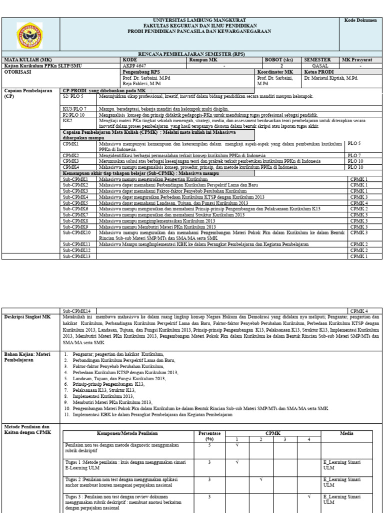 RPS Kajian Kurikulum PPKn 2013 | PDF | Karier & Perkembangan | Bisnis