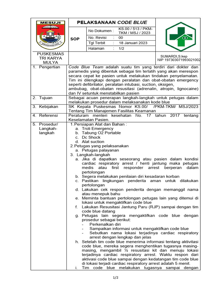 Prosedur Code Blue Puskesmas 2023 | PDF