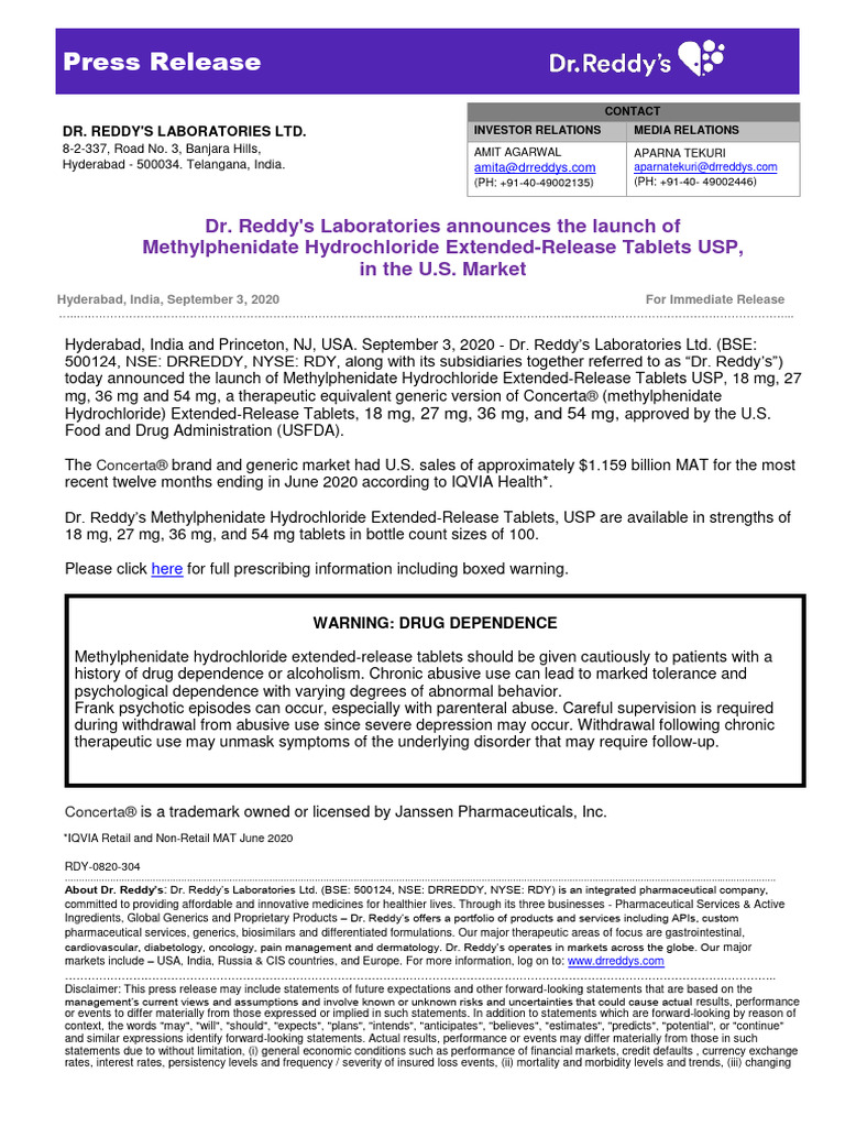 Press Release - Methylphenidate Er Concerta | PDF | Risk | Clinical ...