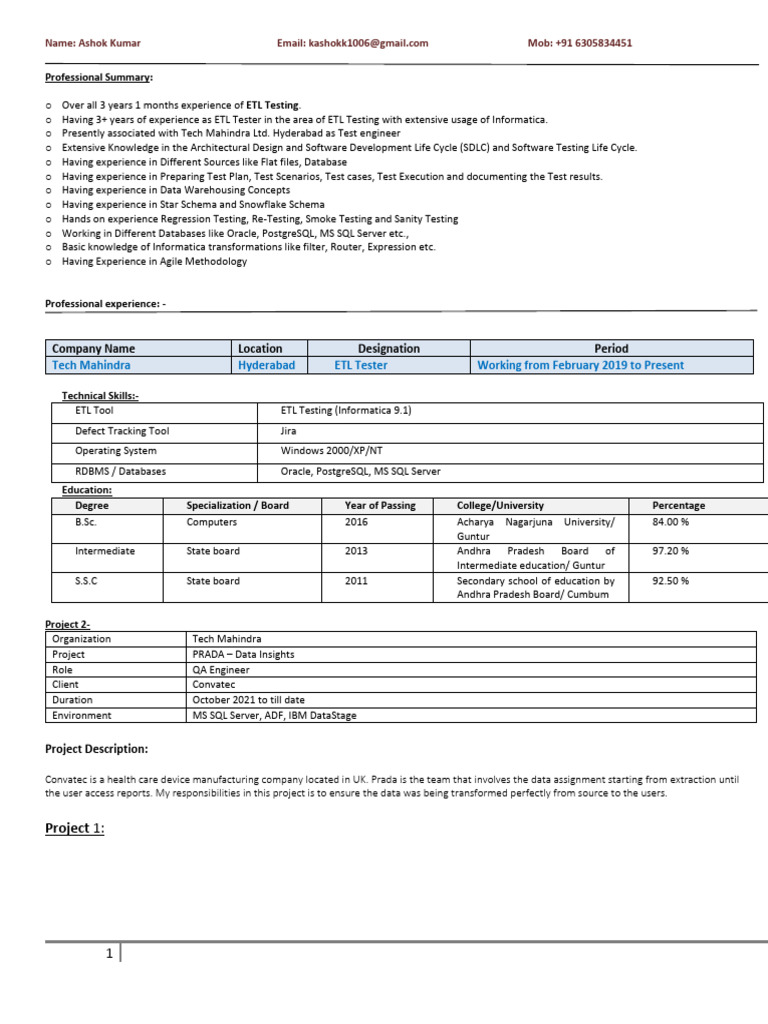 ETL Tester Resume of Ashok Kumar | PDF | Software Development Process ...