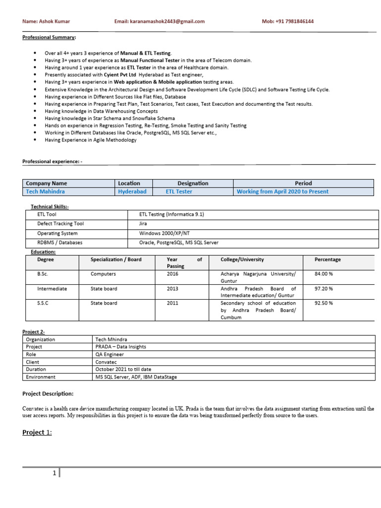 Manual & ETL Testing Resume of Ashok Kumar | PDF | Postgre Sql | Databases