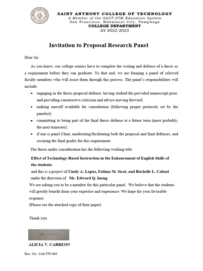 Invitation to Thesis Proposal Panel | PDF
