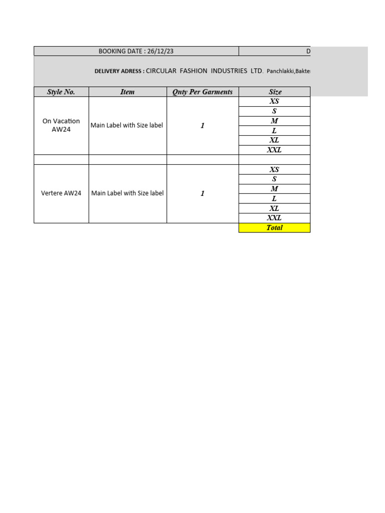 AW24 Garment Booking and Delivery Details | PDF