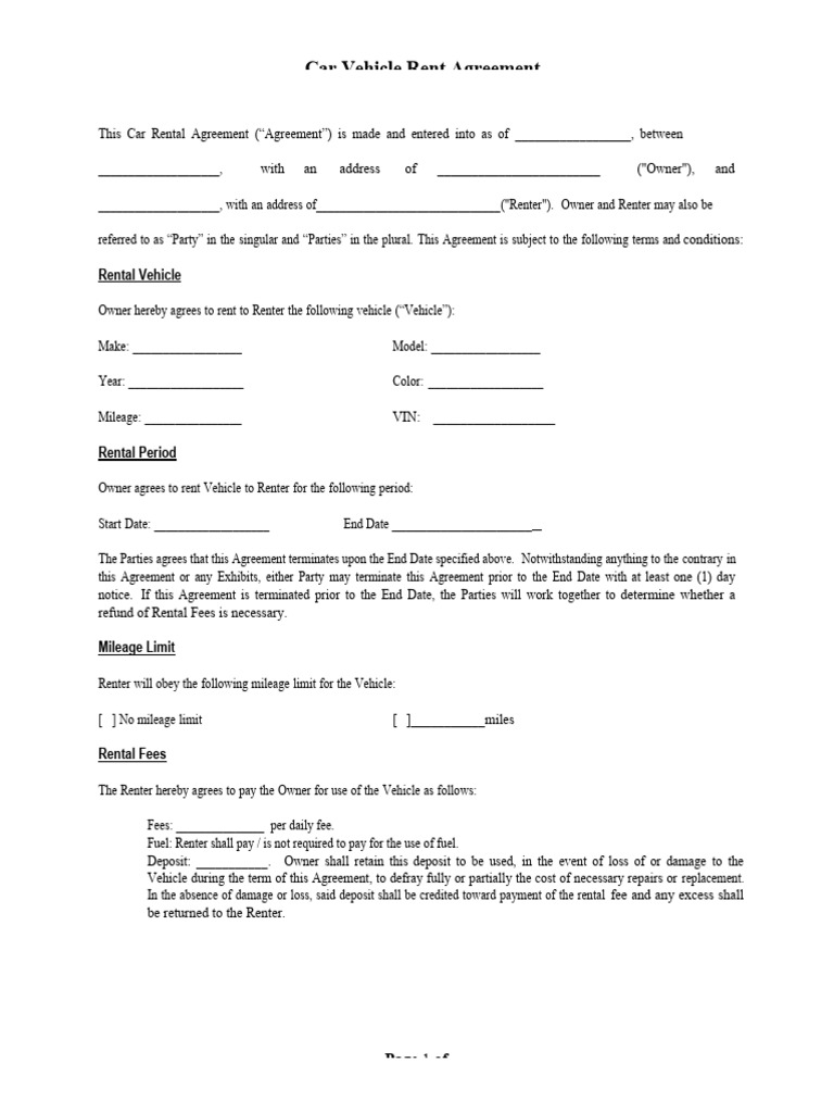 Car Rental Agreement Template | PDF | Renting | Indemnity