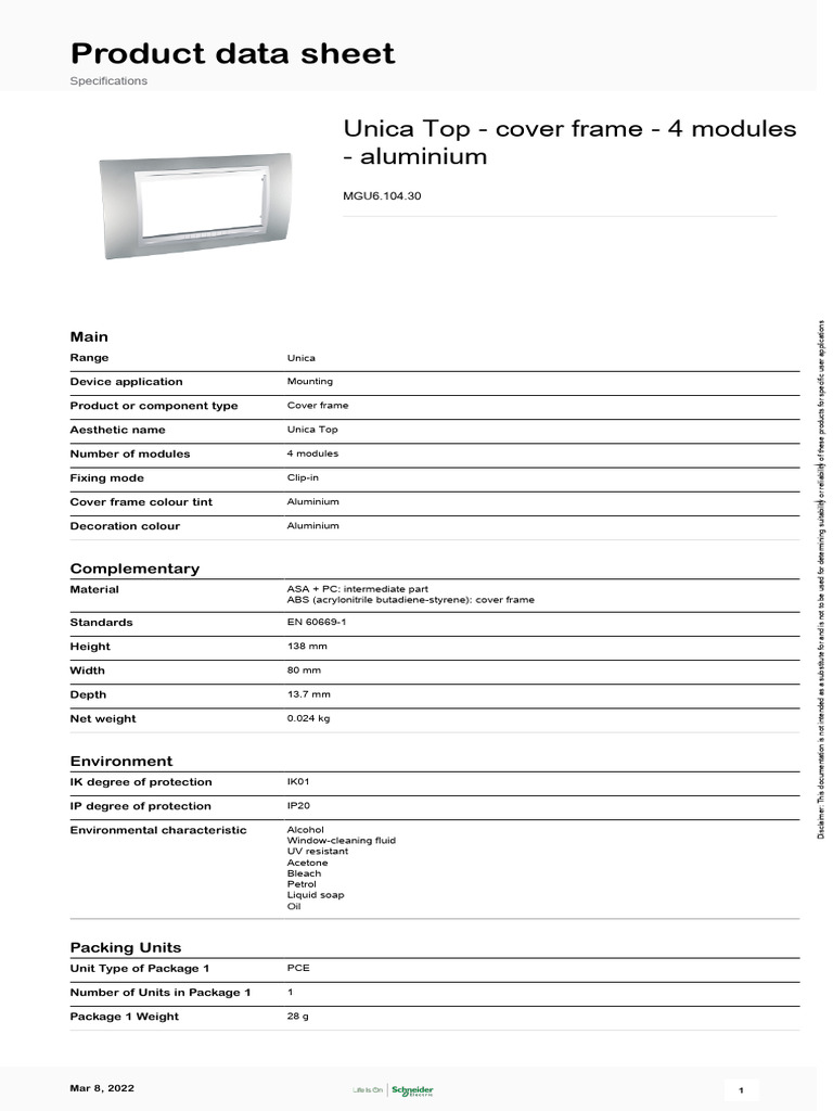 Unica Top 4-Module Cover Frame Specs | PDF | Materials