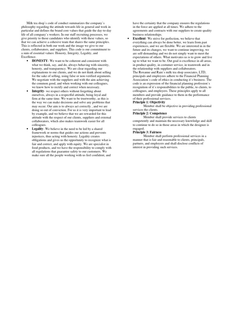 Milk Tea Shop Code of Ethics | PDF | Integrity | Business