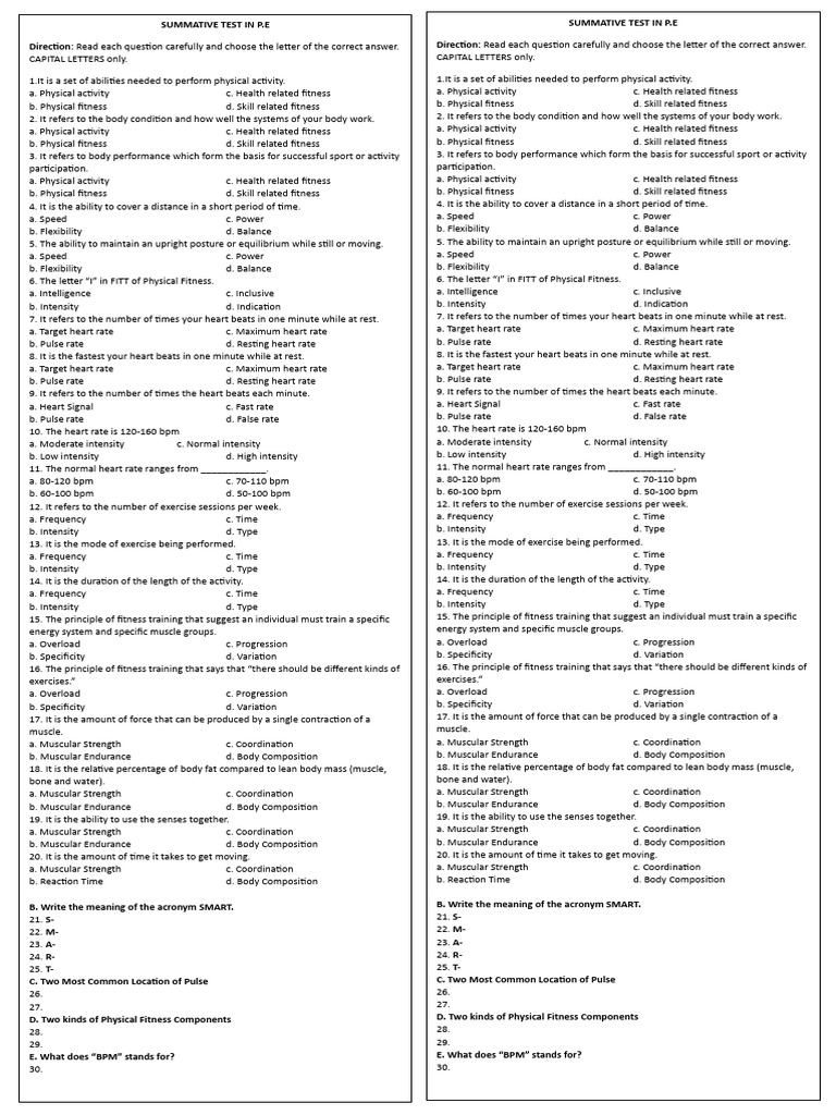 Summative Test in Pe | PDF | Heart Rate | Physical Fitness