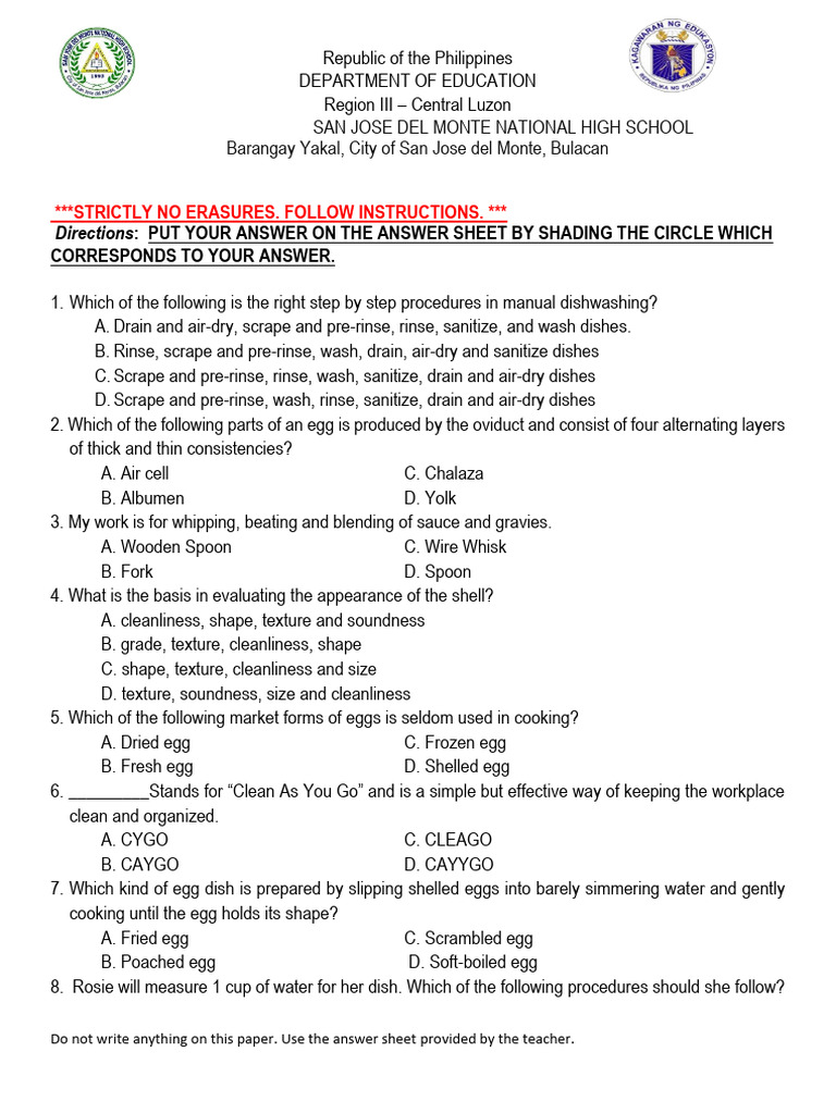 Q1 Summative Test Cookery 10 Mora Gosarin Pdf Cooking Cookware