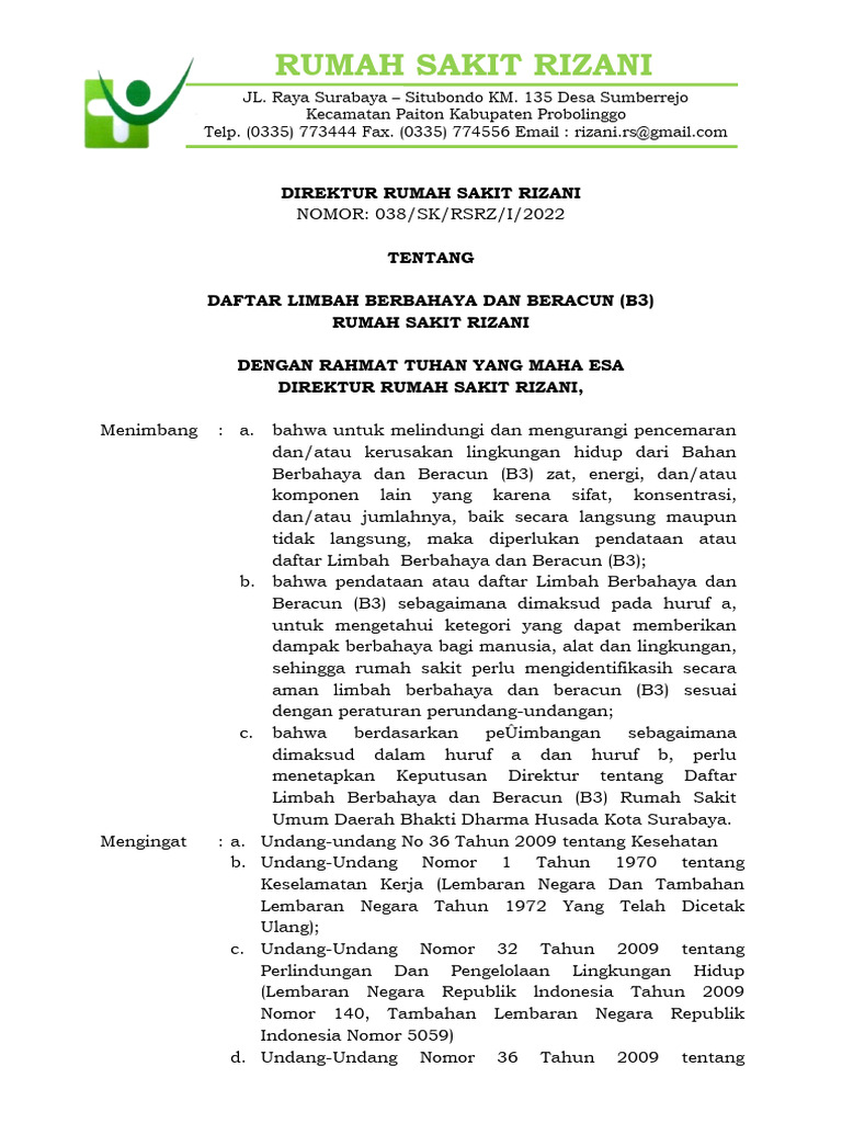 Daftar Limbah B3 Rumah Sakit Rizani | PDF