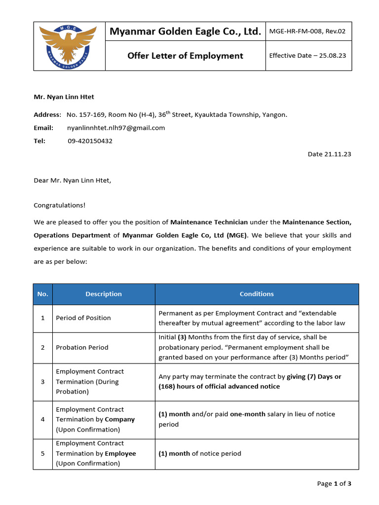 Nyan Linn Htet Job Offer Letter Rev02 Download Free PDF