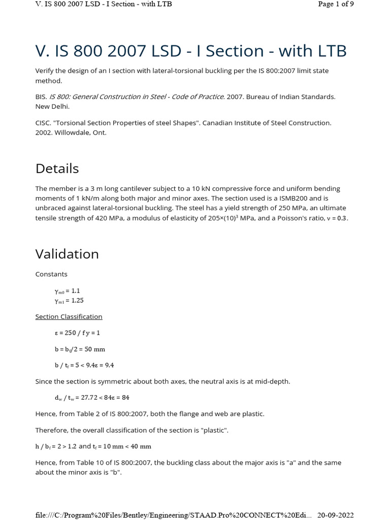 IS 800:2007 I Section Design Validation | PDF | Buckling | Bending