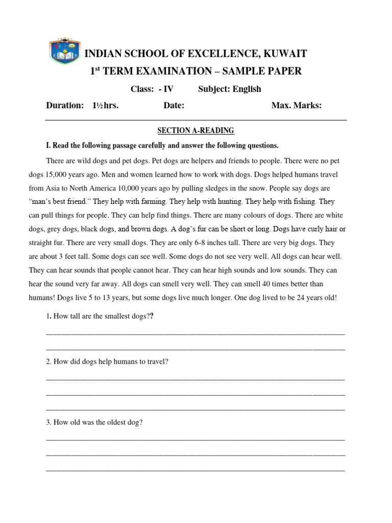Grade 4 Term 1 Sample Paper Pdf Pdf Dogs Animals And Humans