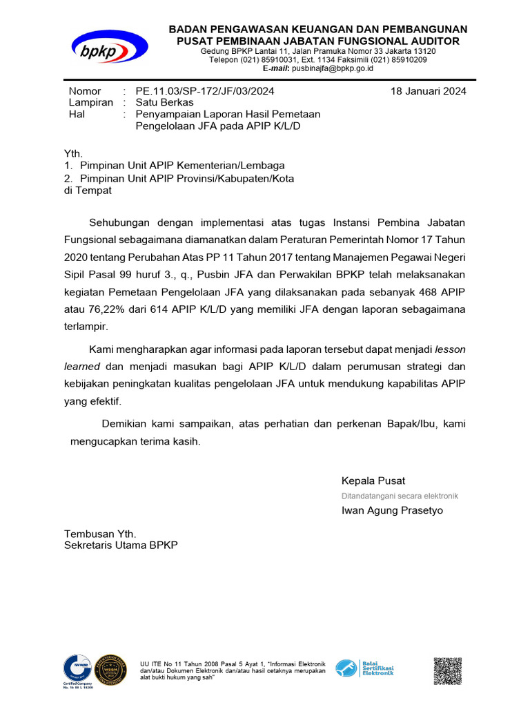 Surat Pengantar Laporan Pemetaan JFA APIP | PDF | Pengelolaan Keuangan ...
