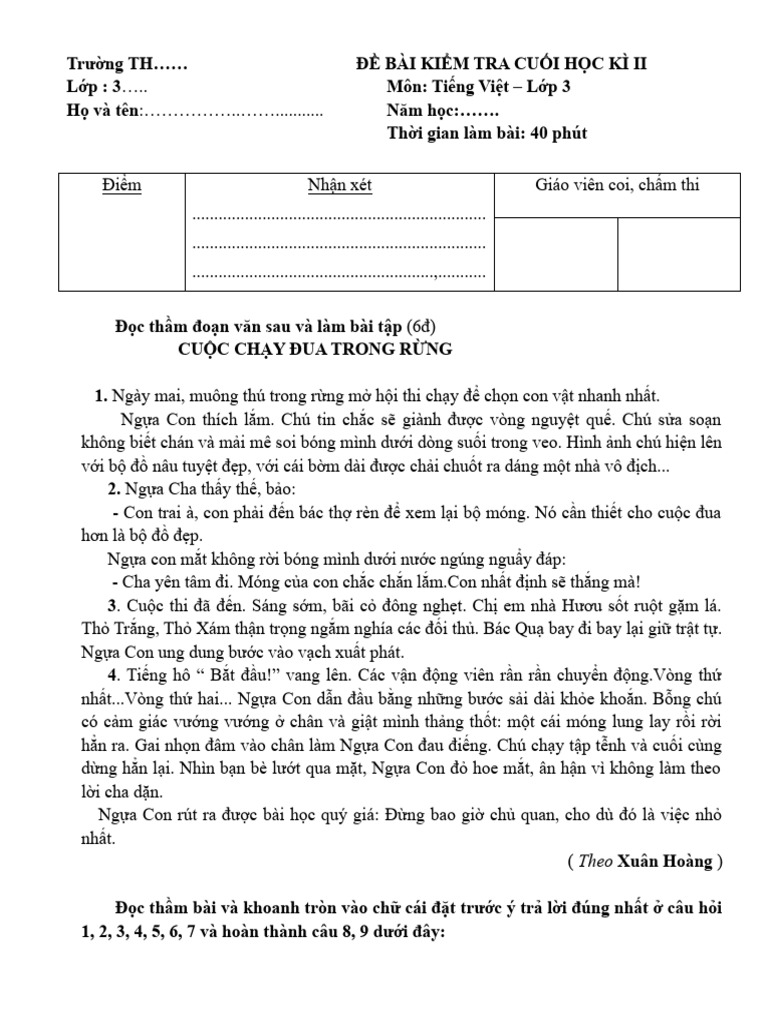 De Thi Tieng Viet Lop 3 Hoc Ki 2 Chan Troi Sang Tao So 5 | PDF