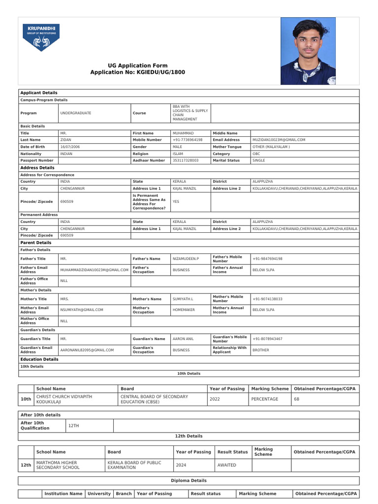 Application Form KGIEDU UG 1800 | PDF