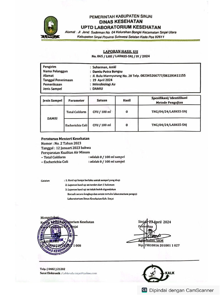 Hasil Uji Mikrobiologi Depot Air Minum Isi Ulang (Damiu) Putra Bungsu ...