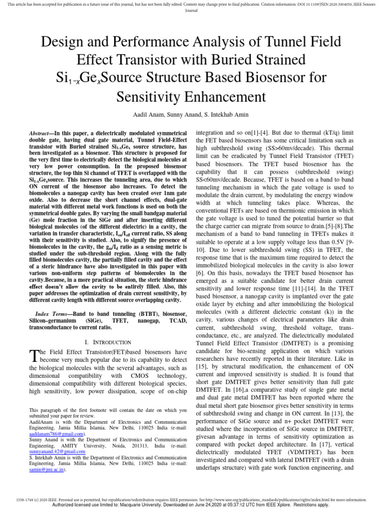 10 1109@jsen 2020 3004050 | PDF | Biosensor | Field Effect Transistor