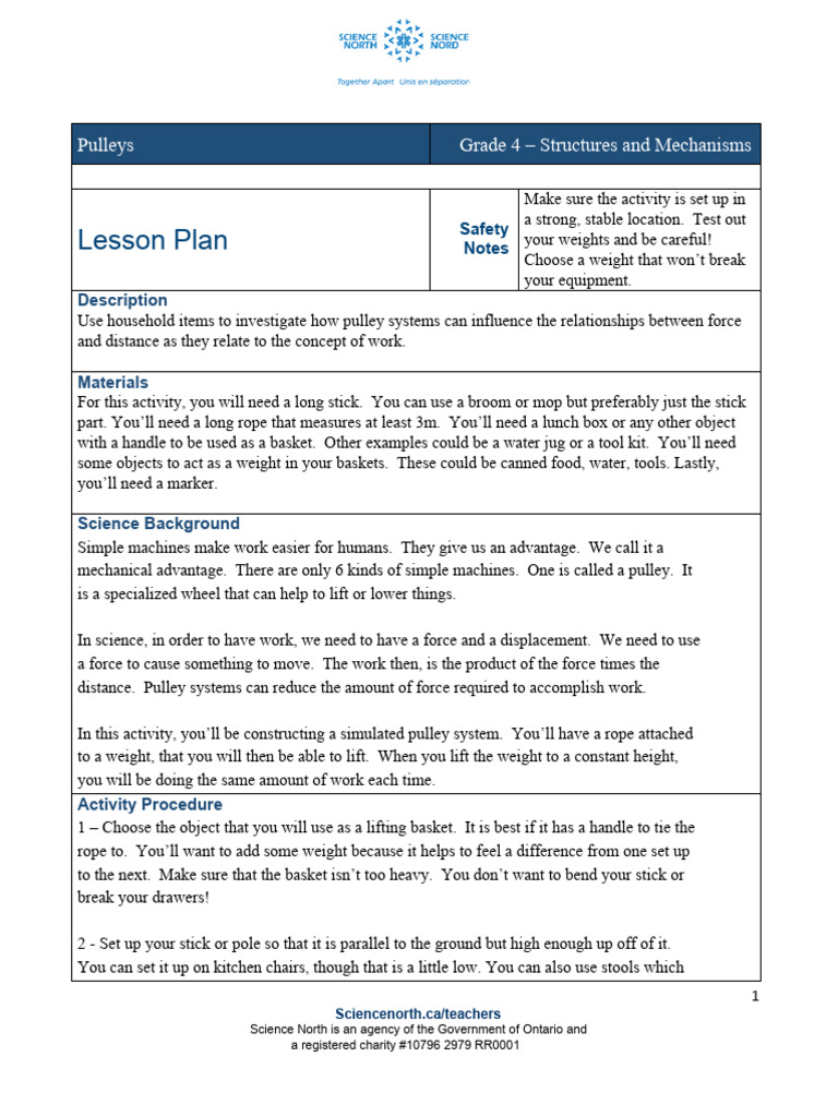 May 11 Grade 4 Pulleys Lesson Plan ENG PDF Rope Force