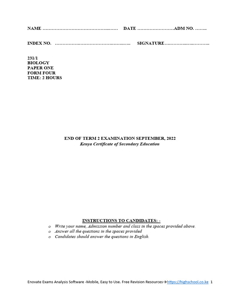 Form 4 Biology Term 2 Exam Paper | PDF | Genotype | Zygosity