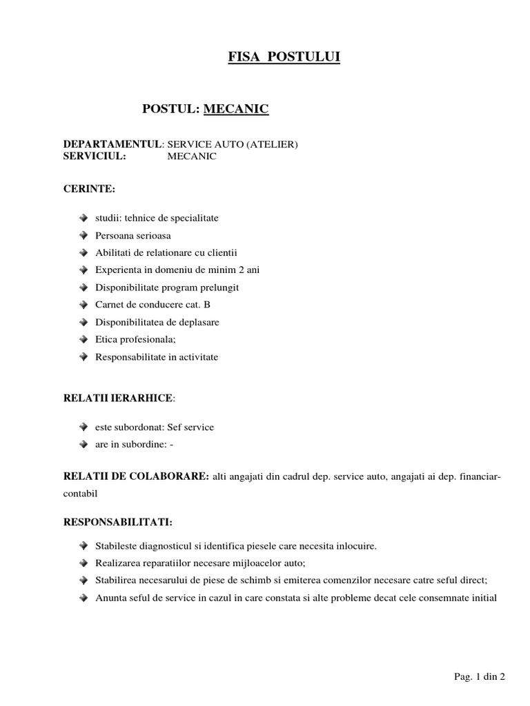 Fisa-Postului Service Auto | PDF
