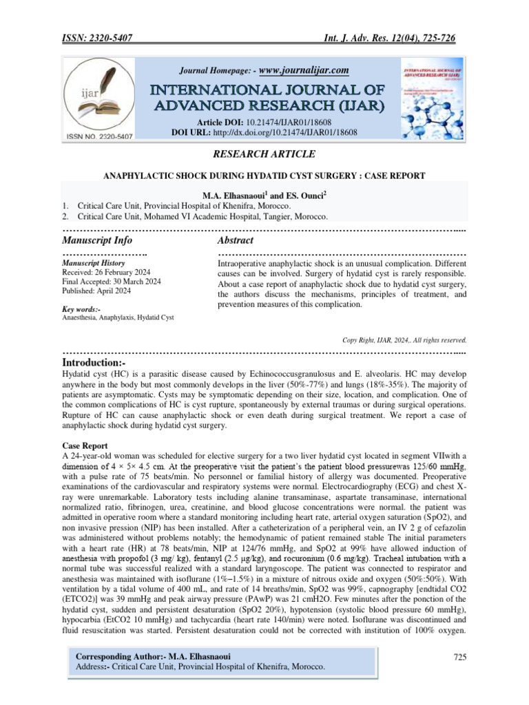 ANAPHYLACTIC SHOCK DURING HYDATID CYST SURGERY : CASE REPORT | PDF ...