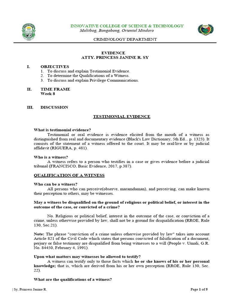 Witness Qualifications and Privileges | PDF | Witness | Testimony