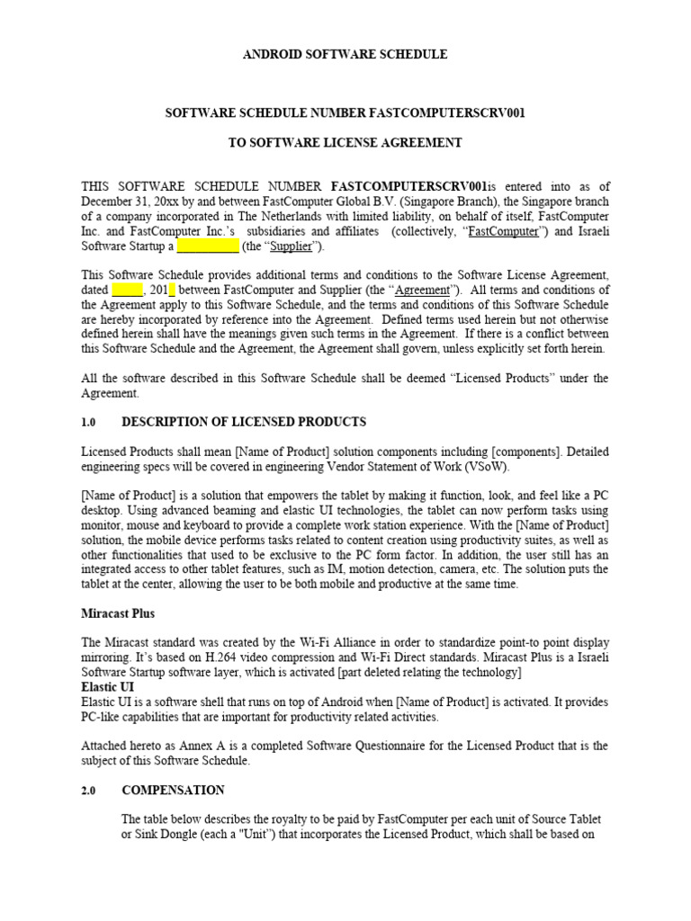 Software Schedule (Payment) For FastComputer Agreement (13233652.1 ...