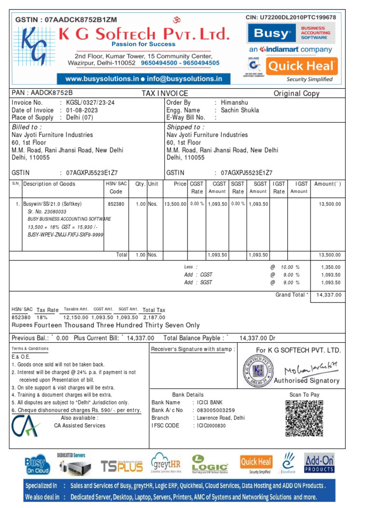 Invoice for Busywin Software Purchase | PDF | Public Finance | Taxation