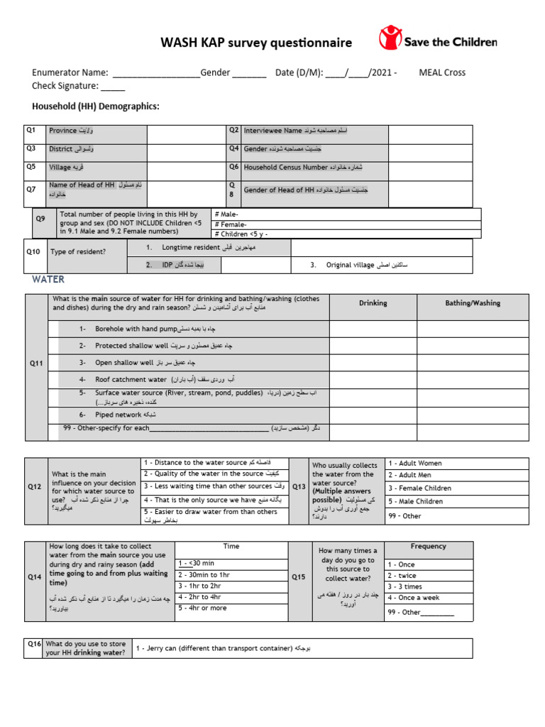 WASH KAP Survey Questionnaire | PDF