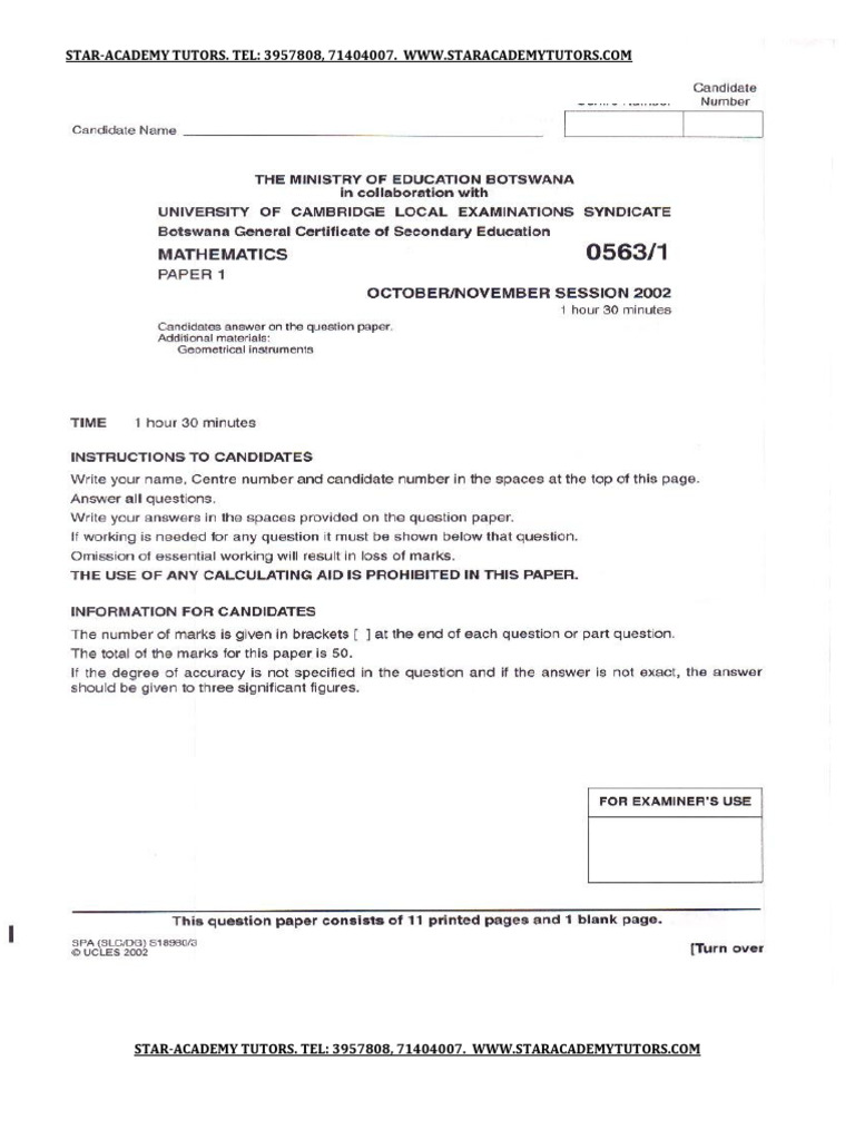 BGCSE Mathematics Paper 1, 2002 | PDF