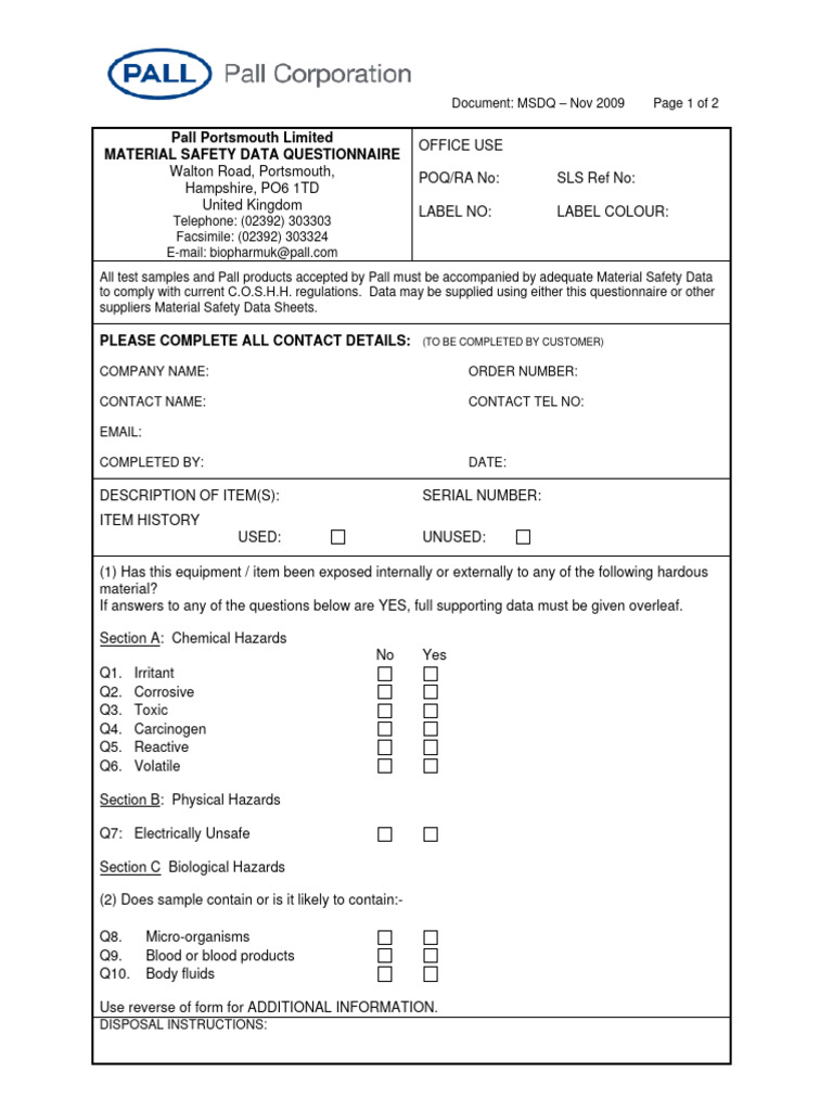 Material Safety Data Questionnaire Guide | PDF | Law | Science ...